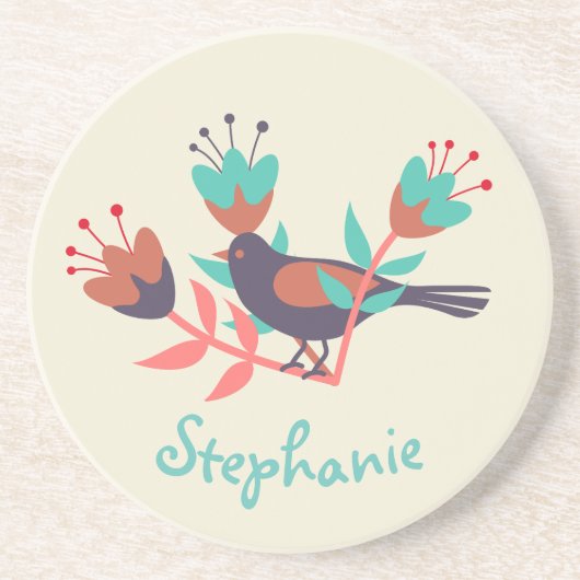 鳥とフローラのフォークアートパーソナライズされた コースター (正面)