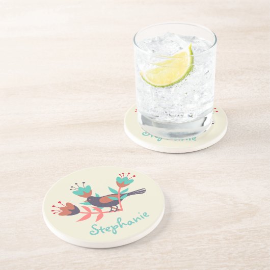 鳥とフローラのフォークアートパーソナライズされた コースター (側面)