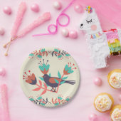 鳥とフローラのフォークアート ペーパープレート (パーティー)