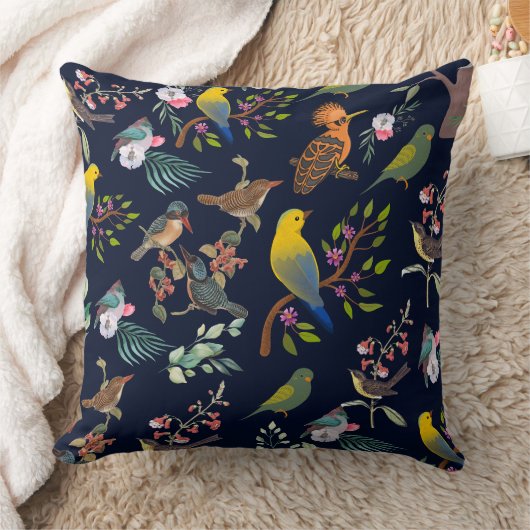 鳥とフローラの青エレガント色の背景 クッション (ブランケット)