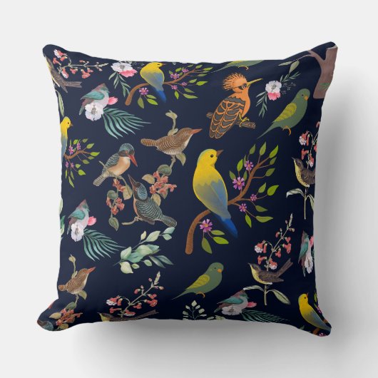 鳥とフローラの青エレガント色の背景 クッション (正面)