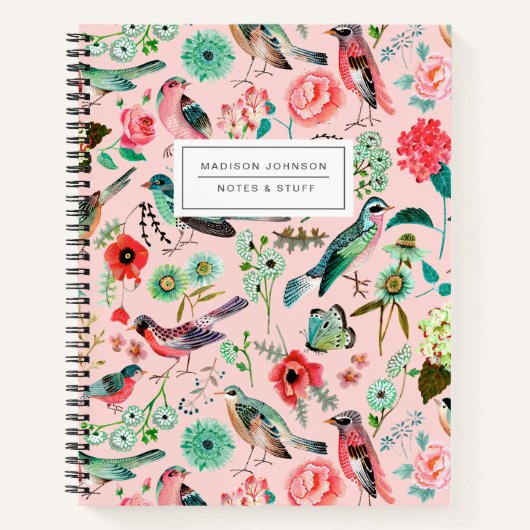 鳥とフローラピンクのオールオーバープリントノートブック ノートブック (正面)