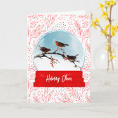 鳥とベリー雪のグローブクリスマスカード カード (黄色い花)