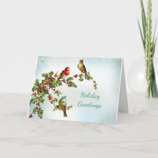 鳥とホリーヴィンテージ折り畳みホリデーカード シーズンカード (正面)