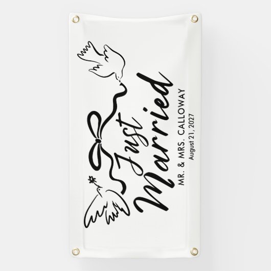 鳥とモダン弓たった今結婚しましたカーバナー 横断幕 (縦)