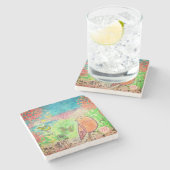 鳥とモノグラムのミックスメディアアート | ストーンコースター (横)