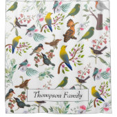 鳥とモノグラム美しい自然lホワイト シャワーカーテン (正面)