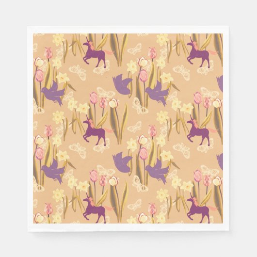 鳥とユニコーンon春草原 スタンダードランチョンナプキン (正面)