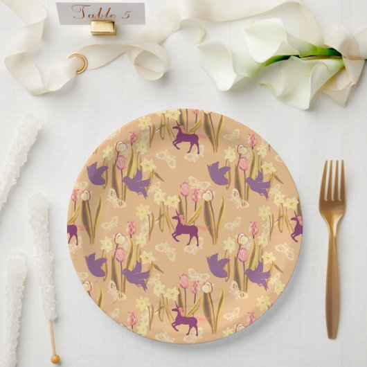 鳥とユニコーンon春草原 ペーパープレート (ウェディング)
