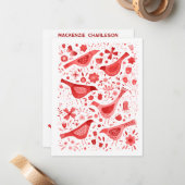 鳥とワイルドフラワーの水彩 赤 パーソナライズ ノートカード (正面/裏面インサイチュ)