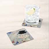 鳥と一緒に楽しいクリスマス雪だるま スクエアペーパーコースター (インサイチュ)