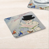 鳥と一緒に楽しいクリスマス雪だるま スクエアペーパーコースター (アングル)