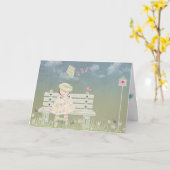 鳥と公園のベンチに感謝の小さな女の子 カード (黄色い花)