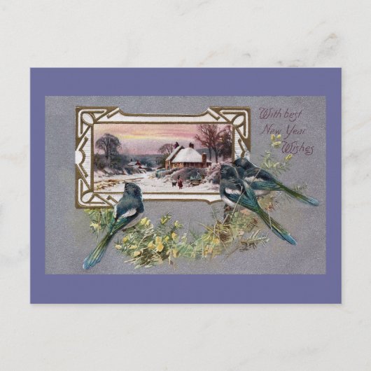 鳥と冬のシーンヴィンテージ新年 シーズンポストカード (正面)