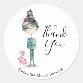 鳥と可愛いボホガール「ありがとう」ビジネス ラウンドシール