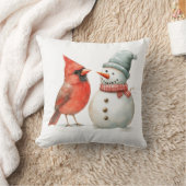 鳥と可愛い雪だるまの冬のクリスマスシーン クッション (ブランケット)