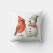 鳥と可愛い雪だるまの冬のクリスマスシーン クッション (正面)