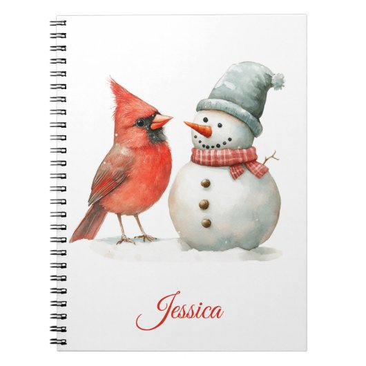 鳥と可愛い雪だるまの冬のクリスマスシーン ノートブック (正面)