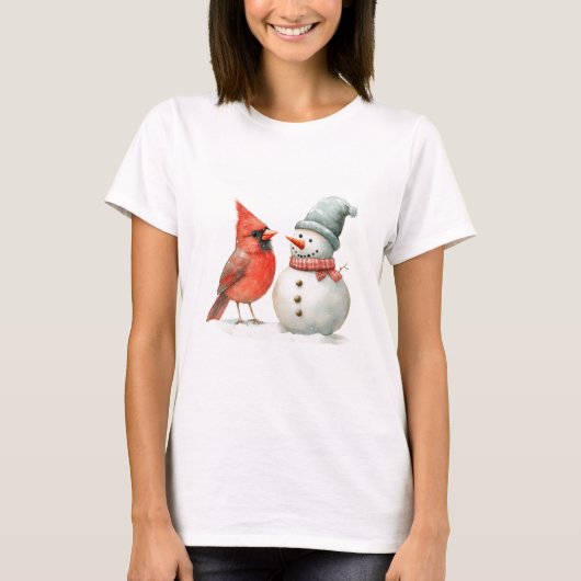鳥と可愛い雪だるまの冬のクリスマスシーン Tシャツ (正面)
