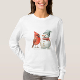 鳥と可愛い雪だるまの冬のクリスマスシーン Tシャツ
