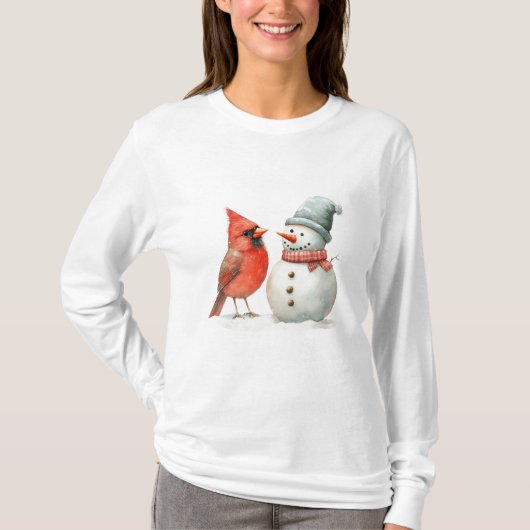 鳥と可愛い雪だるまの冬のクリスマスシーン Tシャツ (正面)