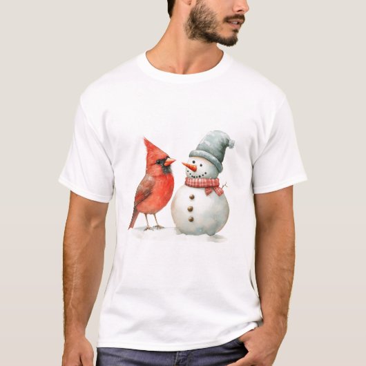 鳥と可愛い雪だるまの冬のクリスマスシーン Tシャツ (正面)