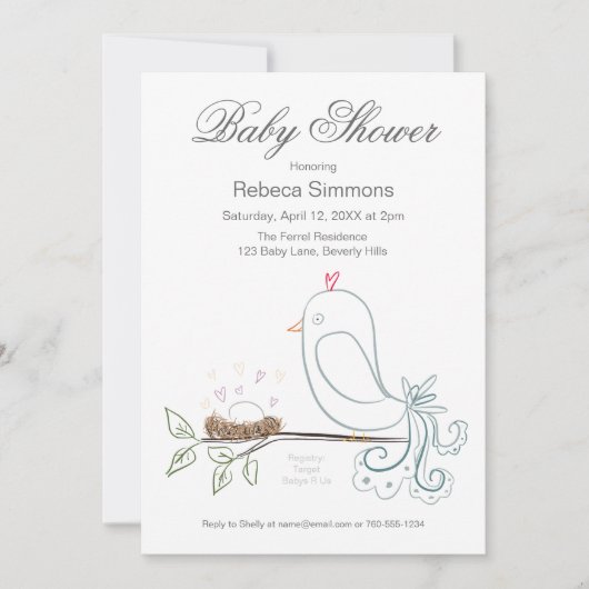 鳥と巣のベビーシャワー招待状 招待状 (正面)