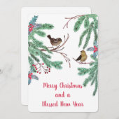 鳥と常緑の果実葉のクリスマス シーズンカード (正面/裏面)
