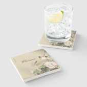 鳥と日本のピンクの花のヴィンテージプリントストン ストーンコースター (横)