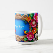 鳥と明るいフローラのカラフル枠 コーヒーマグカップ (正面右)