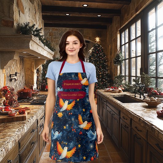 鳥と星の青いカラフルクリスマスエプロン エプロン