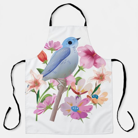 鳥と春の花イラストレーション エプロン (正面)