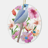 鳥と春の花イラストレーション セラミックオーナメント (左)