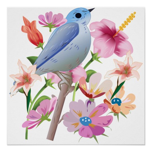 鳥と春の花イラストレーション ポスター (正面)