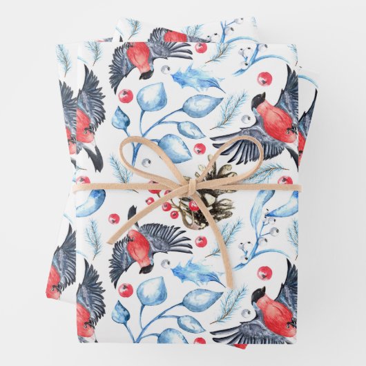 鳥と果実を使用したクリスマス自然パターン ラッピングペーパーシート (インサイチュ)