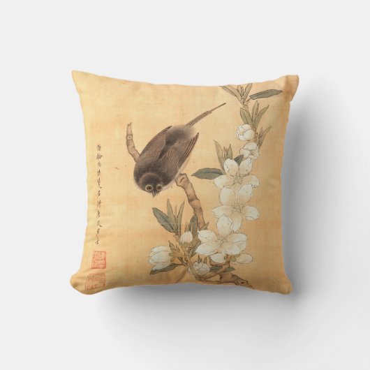 鳥と桃の花明朝東洋美術 クッション (正面)