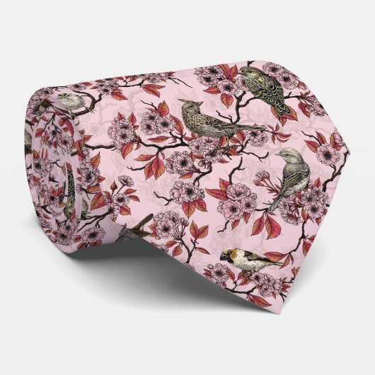 鳥と桜のピンクのバラ色 ネクタイ (ロール)