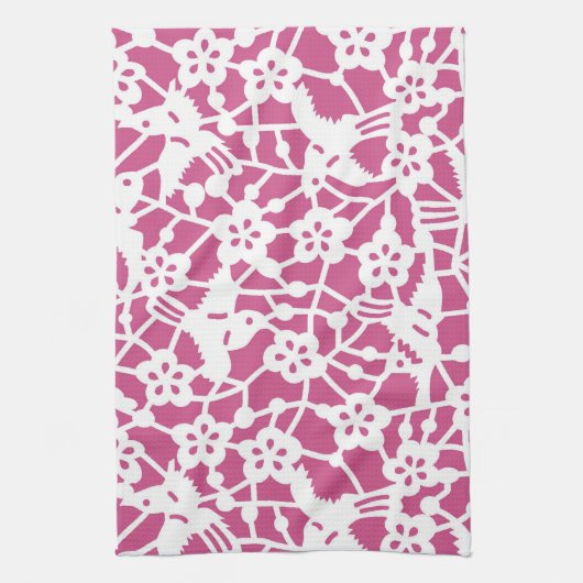 鳥と梅の花、デザイン キッチンタオル (縦)