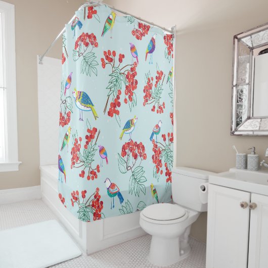 鳥と漿果から成る模様 シャワーカーテン (インサイチュ)