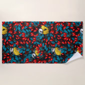 鳥と犬のバラお尻、青と赤のビーチタオル ビーチタオル (正面)