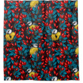 鳥と犬のバラお尻、青と赤 シャワーカーテン (正面)