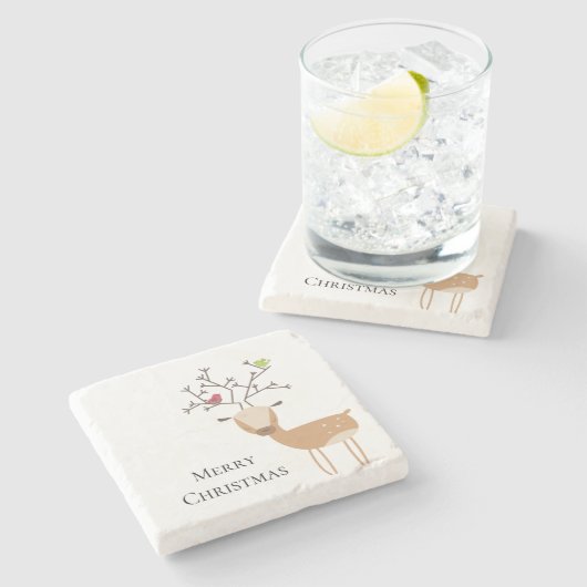 鳥と白いクリスマスの鹿 ストーンコースター (横)