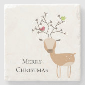 鳥と白いクリスマスの鹿 ストーンコースター (正面)