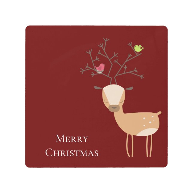 鳥と白いクリスマスの鹿 メタルプリント (正面)