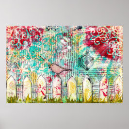 鳥と白のピケットフェンス混合メディアポスタープリント ポスター