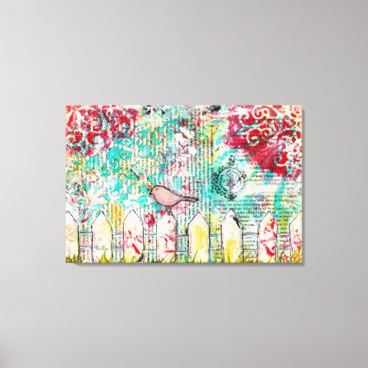 鳥と白のピケットフェンス混合メディ絵を描ア キャンバスプリント (正面)