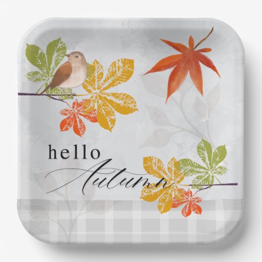 鳥と紅葉の秋こんにちは ペーパープレート (正面)