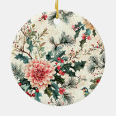 鳥と素朴ポインセチアのクリスマスパターン(11) セラミックオーナメント (裏面)