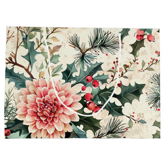 鳥と素朴ポインセチアのクリスマスパターン(11) ラージペーパーバッグ (裏面)