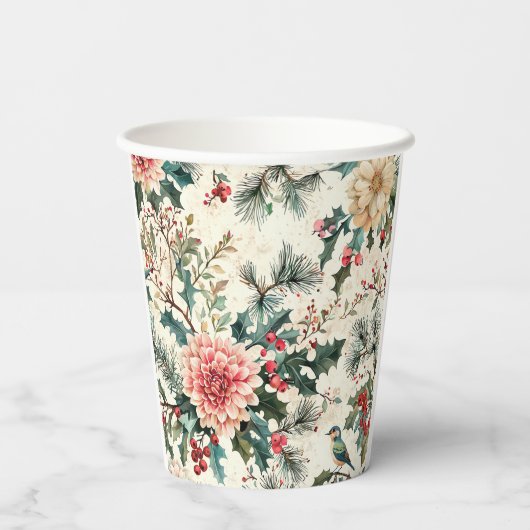 鳥と素朴ポインセチアのクリスマスパターン(11) 紙コップ (裏面)